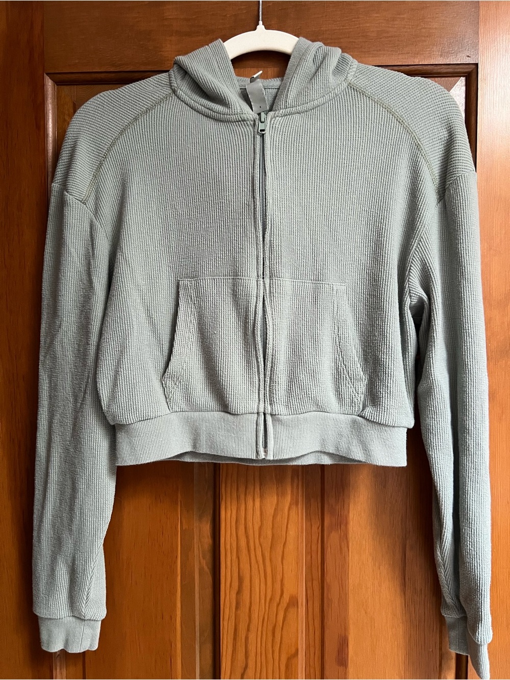 SKIMS Sage Green Cropped Waffle Zip Hoodie